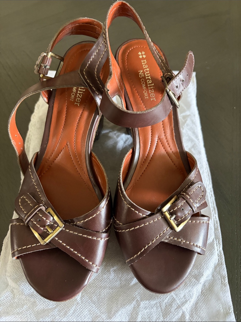 Naturalizer Brown Leather Buckle Slingback Heels with Gold Buckles